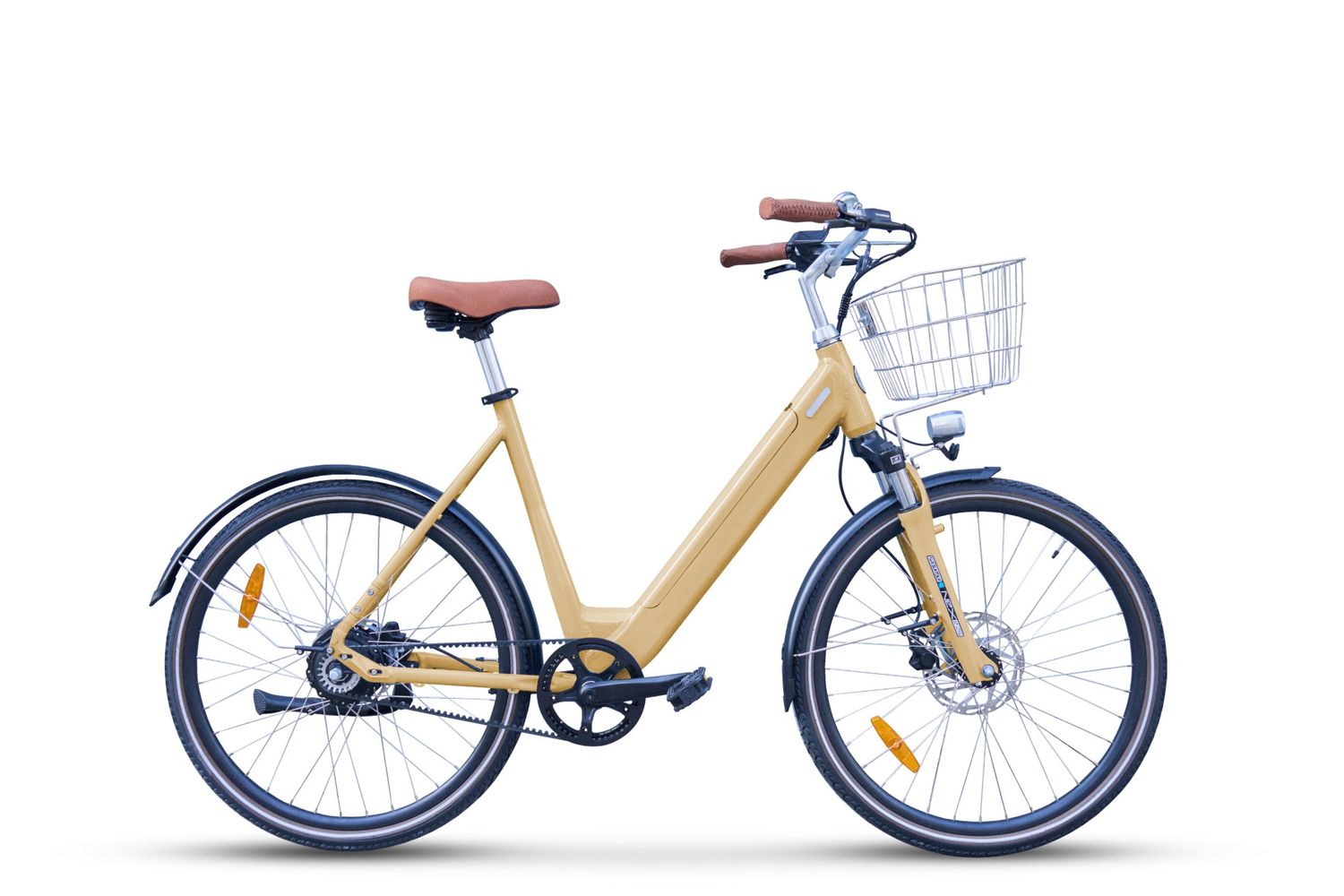 Un vélo éelctrique de ville Brumaire beige