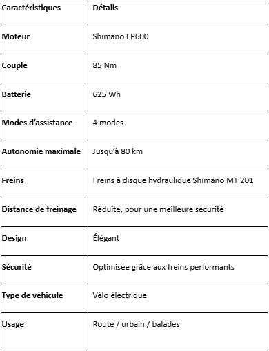 Tableau des caractéristiques du vélo électrique orbéa