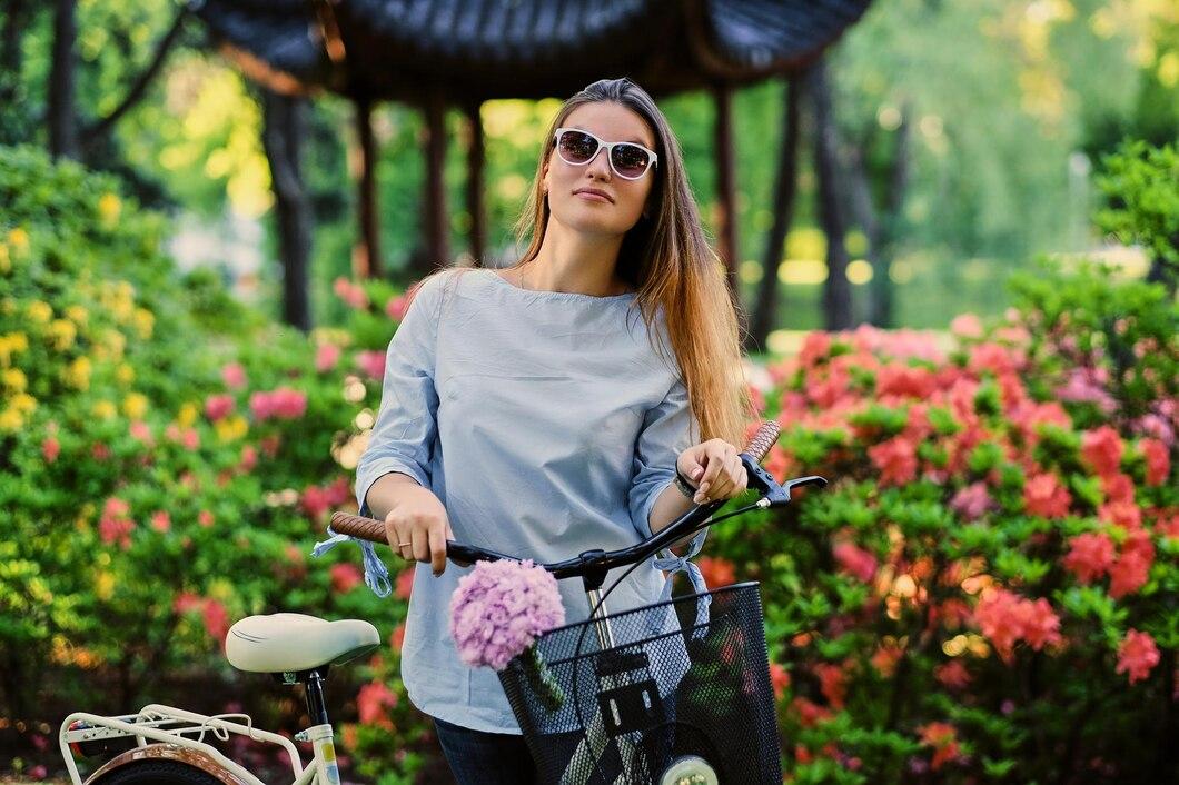 Une femme au milieu des fleurs avec son vélo