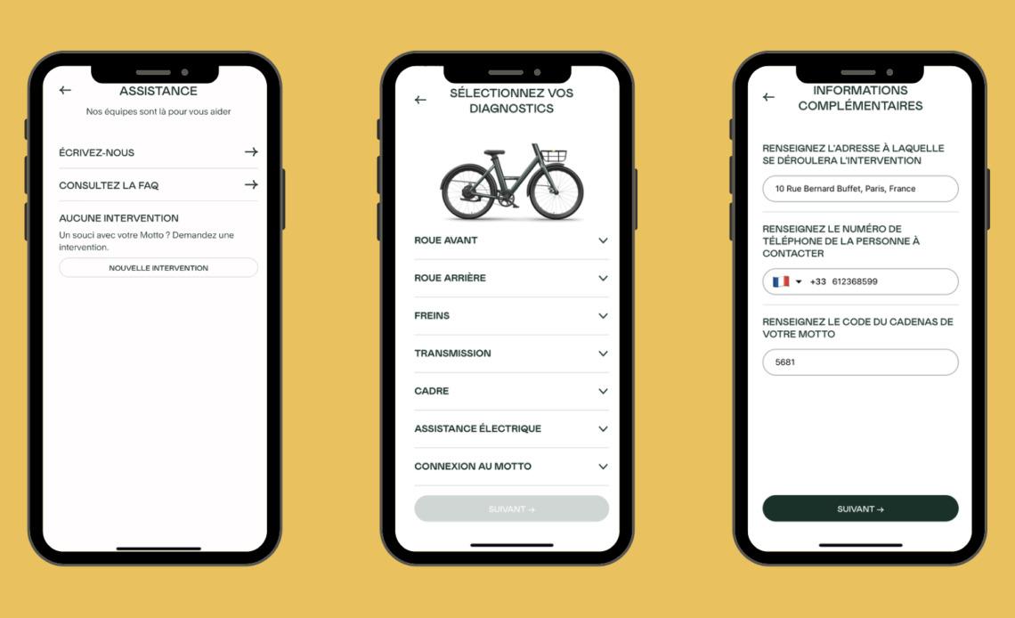 3 visuels de téléphones de l'application Motto