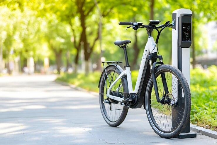 Un vélo électrique sur une borne de recharge