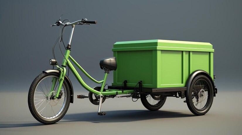 Un vélo cargo vert avec une caisse à l'arrière
