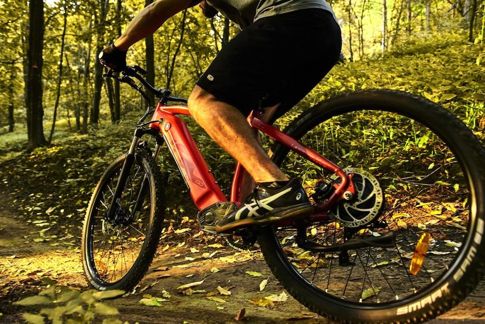 Un homme en vélo électrique dans la forêt